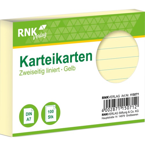 Karteikarten A7 liniert gelb holzfrei RNK 11507 (PACK=100 STÜCK) Produktbild Front View L