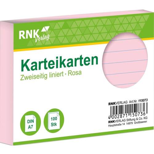 Karteikarten A7 liniert rosa holzfrei RNK 11507 (PACK=100 STÜCK) Produktbild Front View L