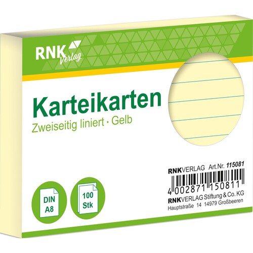 Karteikarten A8 liniert gelb holzfrei RNK 11508 (PACK=100 STÜCK) Produktbild Front View L