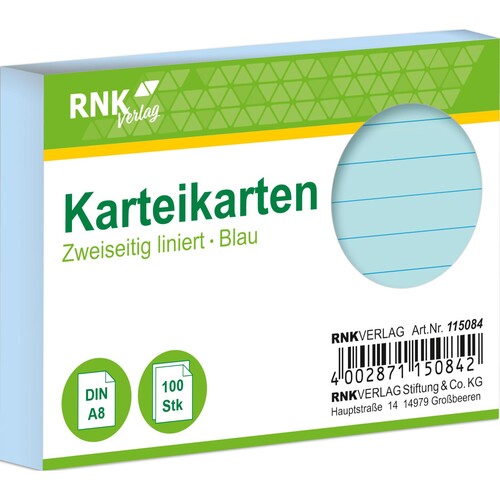 Karteikarten A8 liniert blau holzfrei RNK 11508 (PACK=100 STÜCK) Produktbild Front View L
