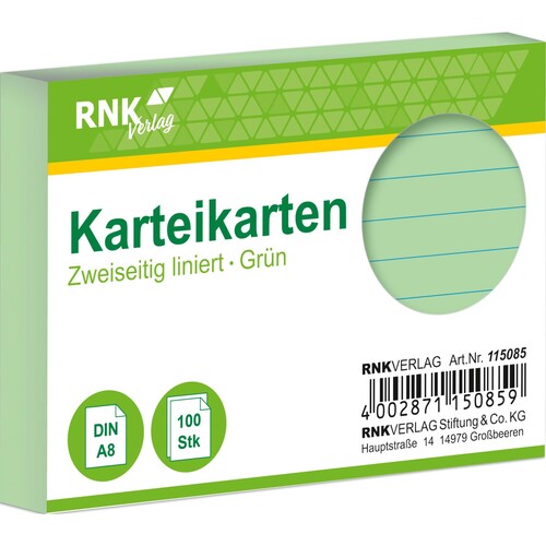 Karteikarten A8 liniert grün holzfrei RNK 11508 (PACK=100 STÜCK) Produktbild Front View L