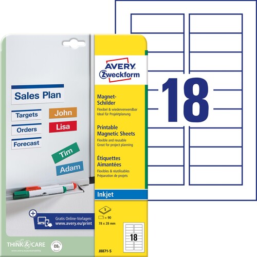Magnet-Schild Inkjet 78x28mm auf A4 Bögen weiß wiederablösbar Zweckform J8871-5 (PACK=90 STÜCK) Produktbild Additional View 1 L