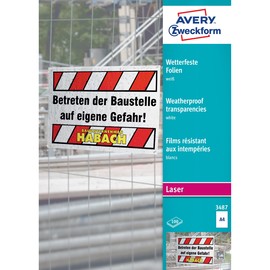 Laser+Kopierfolie A4 0,13mm weiß wetterfest Zweckform 3487 (PACK=100 BLATT) Produktbild