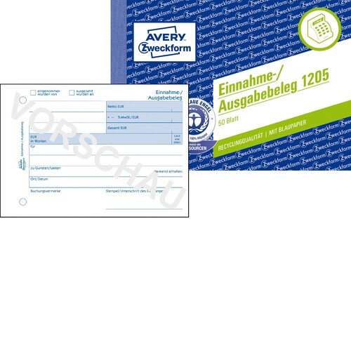 Einnahme-/ Ausgabebeleg A6 quer 50Blatt recycling mit Blaupapier Zweckform 1205 Produktbild