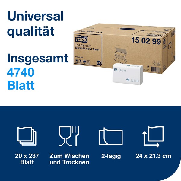 Handtuch Interfold Kurz-Z-Falz 2-lagig / 23,4x21,3cm / Universal H2 / weiß / Tork 150299 (KTN=4740 STÜCK) Produktbild Additional View 4 XL