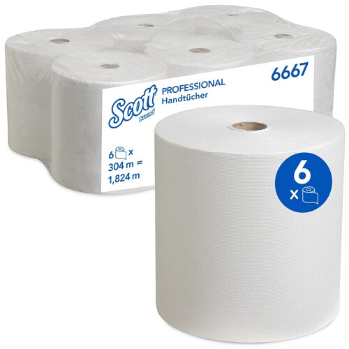 Handtuchrollen Scott 1-lagig / weiß / 19,8cm / 304m / Kimberly Clark 6667 (PACK=6 ROLLEN) Produktbild Additional View 1 L