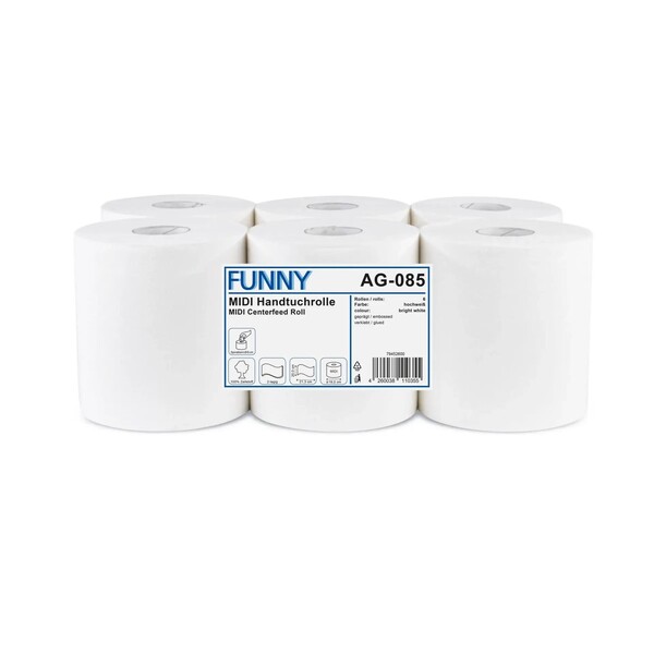 Handtuchrollen Midi 2-lagig / hochweiß / 20x21cm / 120m / Ø19cm / Zellstoff perforiert / Innen-/Außenabwicklung (PACK=6 ROLLEN) Produktbild