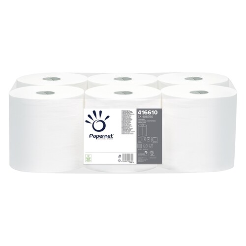 Handtuchrollen 1-lagig / weiß / 19,7cm / 292m / Ø19,8cm / Zellstoff / Innen-/Außenabwicklung / Papernet (PACK=6 ROLLEN) Produktbild