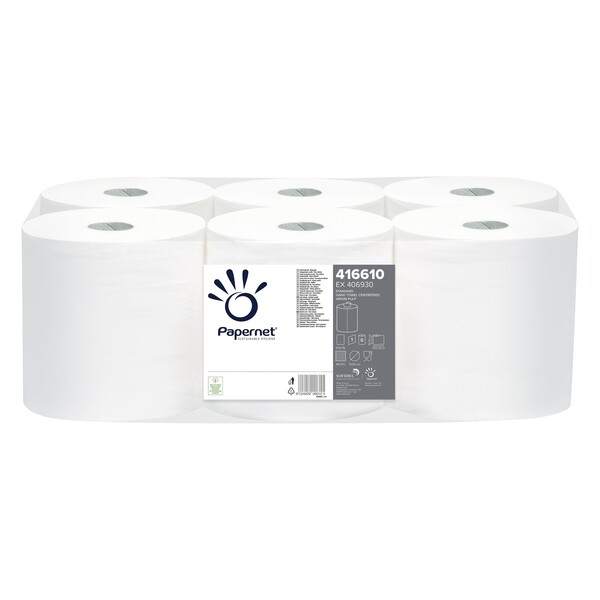 Handtuchrollen 1-lagig / weiß / 19,7cm / 292m / Ø19,8cm / Zellstoff / Innen-/Außenabwicklung / Papernet (PACK=6 ROLLEN) Produktbild