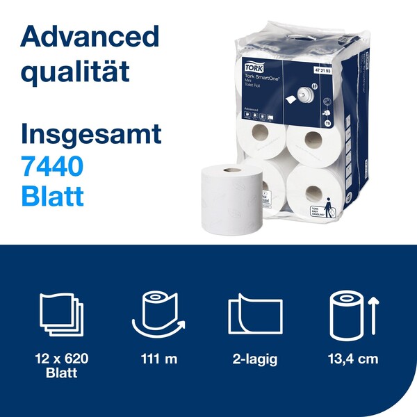STN Toilettenpapier SmartOneMini T9 2-lagig / 620 Blatt / weiß / 13,4x18cm / Tork 472193 (KTN=12 ROLLEN) Produktbild Additional View 2 XL