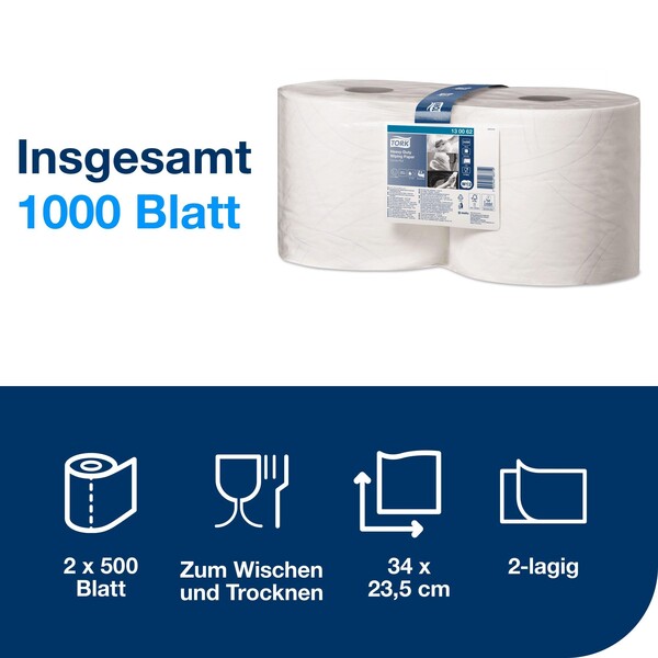 Wischtuch extra stark 2-lagig / weiß / / 23,5x34cm / 170m / Ø26,2cm / 500 Abrisse / Tork Premium 130062 (PACK=2 ROLLEN) Produktbild Additional View 2 XL