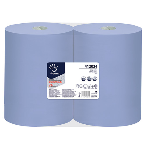 Putzrollen Superior Recycling 3-lagig / blau / 37 3x36cm /180m / Ø28cm / 500 Abrisse / Papernet (PACK=2 ROLLEN)