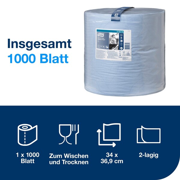 Wischtuch extra stark 2-lagig / blau / 36,9x34cm / 340m / Ø37,5cm / 1000 Abrisse / Tork  Premium 130070 Produktbild Additional View 1 XL