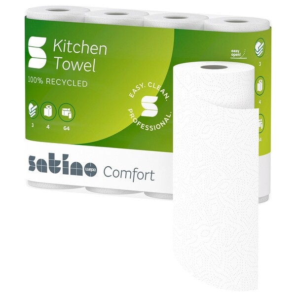 Küchenrollen 3-lagig / hochweiß / 64 Blatt / Recycling / Satino Comfort (PACK=4 ROLLEN) Produktbild