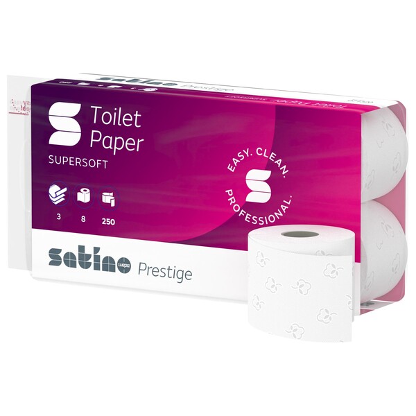 Toilettenpapier 3-lagig / 250 Blatt / Zellstoff / hochweiß / Satino Prestige (PACK=8 ROLLEN) Produktbild