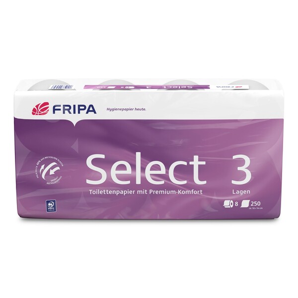 Toilettenpapier 3-lagig / 250 Blatt / Zellstoff / hochweiß / Fripa Select (PACK=48 ROLLEN) Produktbild Front View XL