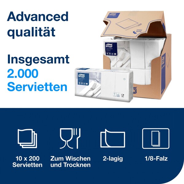Servietten 1/8 Kopffalz / 33x33cm / 2-lagig / weiß / Tork 477402 (PACK=200 STÜCK) Produktbild Additional View 3 XL
