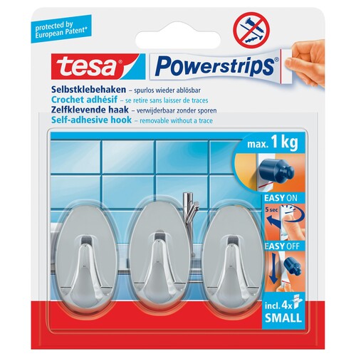 Powerstrips Haken Small Oval bis 750g Haftkraft chrom Tesa 57543-00012-01 (PACK=3 STÜCK) Produktbild Front View L