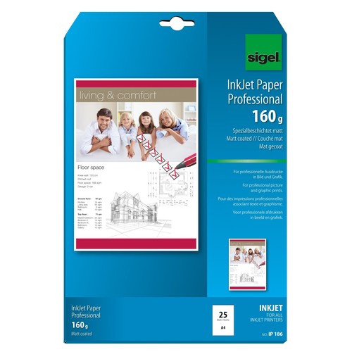 Fotopapier Inkjet A4 160g hochweiß matt Sigel IP186 (PACK=25 BLATT) Produktbild