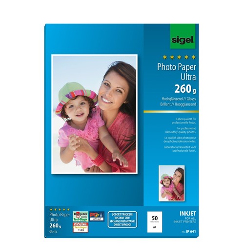 Fotopapier Inkjet Ultra A4 260g superweiß high-glossy Sigel IP641 (PACK=50 BLATT) Produktbild Additional View 1 L