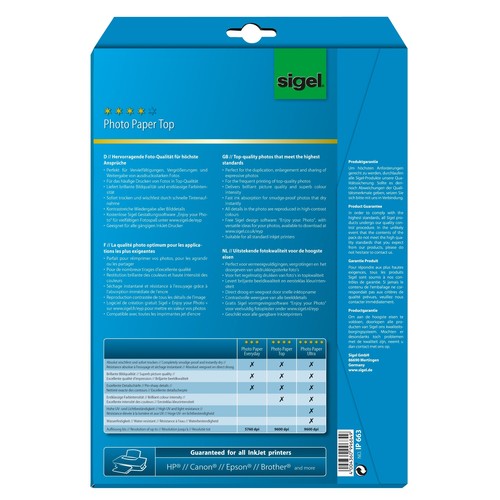 Fotopapier Inkjet Top A4 125g hochweiß high-glossy Sigel IP663 (PACK=25 BLATT) Produktbild