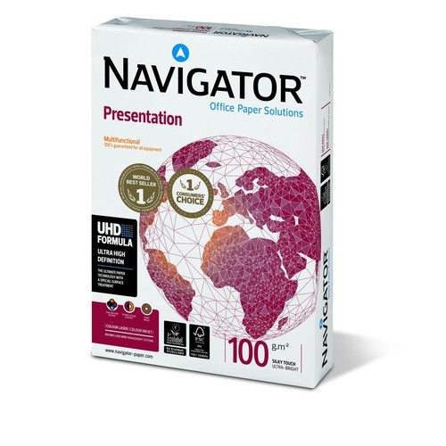 Kopierpapier Navigator Presentation A4 100g weiß FSC EU-Ecolabel 169CIE (PACK=500 BLATT) Produktbild Front View L