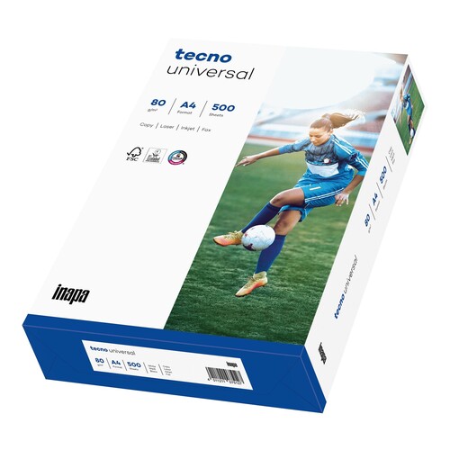 Kopierpapier tecno Universal A4 80g weiß ECF FSC EU-Ecolabel 153CIE (PACK=500 BLATT) Produktbild Front View L