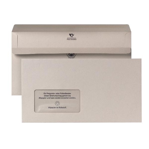 Briefumschlag selbstklebend grau 80g/m2 DIN lang+ 125x235mm / mit Fenster / Material: Recycling-Papier (PACK=1000 STÜCK) Produktbild Additional View 1 L