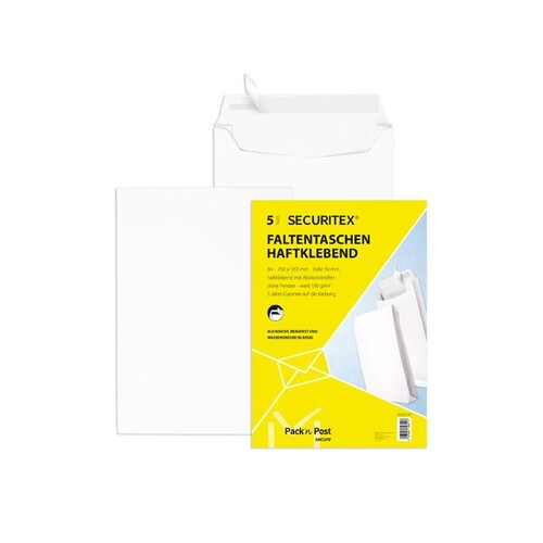 Faltentasche SECURITEX ohne Fenster B4 250x353x50mm mit Haftklebung 130g weiß Klotzboden,Reißfest, Feuchtigkeitsschutz (PACK=5 STÜCK) Produktbild