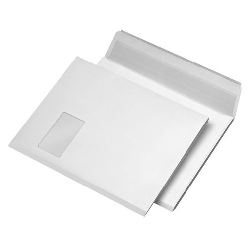 Versandtasche mit Fenster mit 20mm Seitenfalte und Spitzboden C4 120g weiß Öffnung Breitseite Haftklebung (PACK=250 STÜCK) Produktbild Front View L