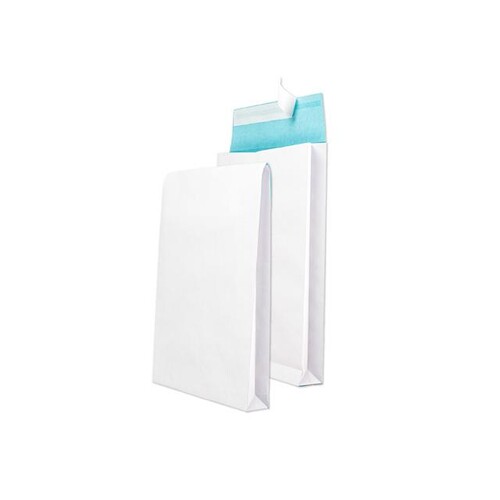 Faltentasche ohne Fenster fadenverstärkt B4 250x353x40mm mit Haftklebung 125g weiß mit blauem Innendruck Klotzboden (PACK=100 STÜCK) Produktbild Front View L