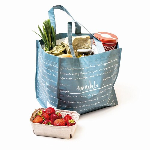 rPET Non Woven Recycling Take away Tasche mit zwei langen Henkeln mmmhh 33x20x23cm taubenblau Produktbild Additional View 1 L