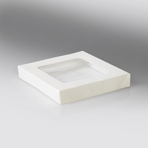 Deckel mit PLA Fenster für Snackbox Umami 470ml / 120x120x25mm / weiß (KTN=200 STÜCK) Produktbild Front View L