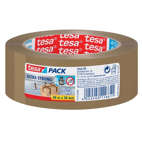 Klebeband Tesapack 4124 ultra strong 38mmx66m braun PVC leise abrollbar Tesa 57175-00000-02 extrem reißfest Produktbild Front View L