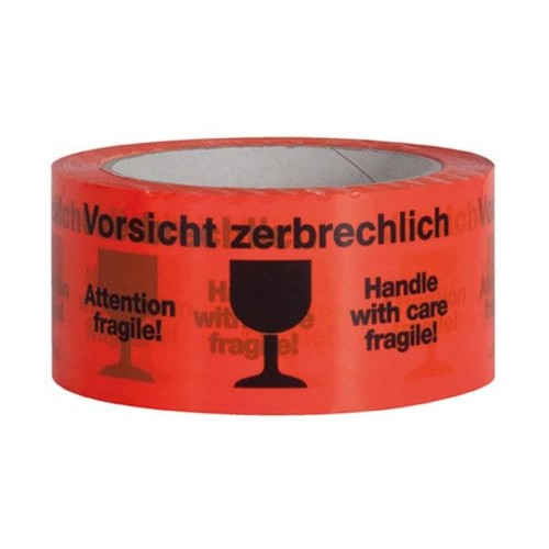 PP Klebeband orange mit Warndruck 50mm x 66m / "Vorsicht zerbrechlich" 32µ / Acrylat (RLL=66 METER) Produktbild Additional View 1 L