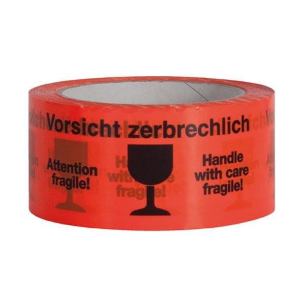 PP Klebeband orange mit Warndruck 50mm x 66m / "Vorsicht zerbrechlich" 32µ / Acrylat (RLL=66 METER) Produktbild Additional View 1 XL