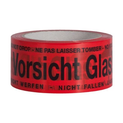 PP Klebeband rot mit Warndruck 50mm x 66m / 28µ / Acrylat "Vorsicht Glas" (RLL=66 METER) Produktbild Additional View 1 L
