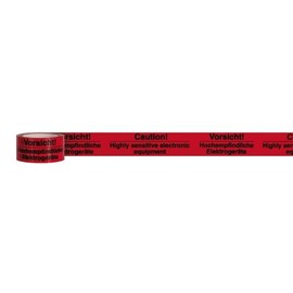 PP Klebeband rot mit Warndruck 50 mm x 66m / 32µ Acrylat Vorsicht!Hochempfindliche Elektrogeräte" (RLL=66 METER) Produktbild