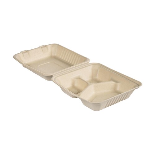 Bagasse Menüschale 3-geteilt / 225x201x85mm / 300+70+60ml / braun / ecoecho (PACK=50 STÜCK) Produktbild Front View L