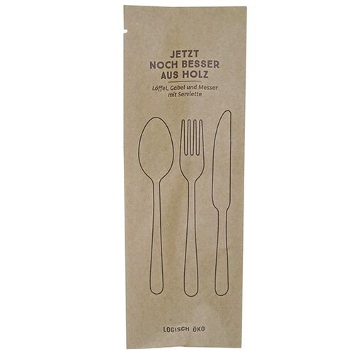 Holz Besteckset 4-teilig (Löffel, Gabel, Messer, Serviette) in geschlossener Papierhülle (KTN=100 SETS) Produktbild Front View L