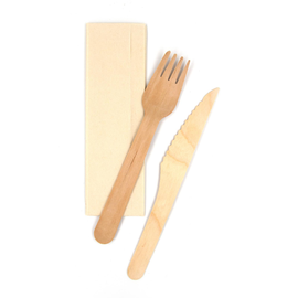 Holz Besteckset 3-teilig / Gabel, Messer, Servietten in Papierhülle (KTN=250 SETS) Produktbild