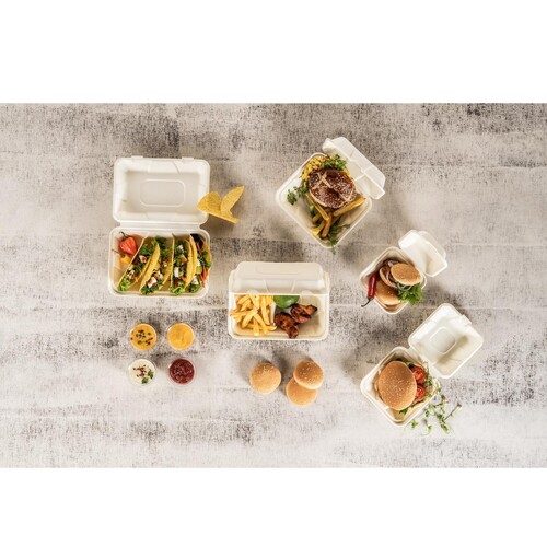 Hamburgerbox / Holzfaser / weiß XL 145x145x70mm 100% biologisch abbaubar 
und kompostierbar (PACK=50 STÜCK) Produktbild Additional View 5 L