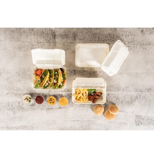 Hamburgerbox / Holzfaser / weiß XL 145x145x70mm 100% biologisch abbaubar 
und kompostierbar (PACK=50 STÜCK) Produktbild Additional View 2 L