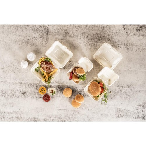 Hamburgerbox / Holzfaser / weiß XL 145x145x70mm 100% biologisch abbaubar 
und kompostierbar (PACK=50 STÜCK) Produktbild Additional View 1 L