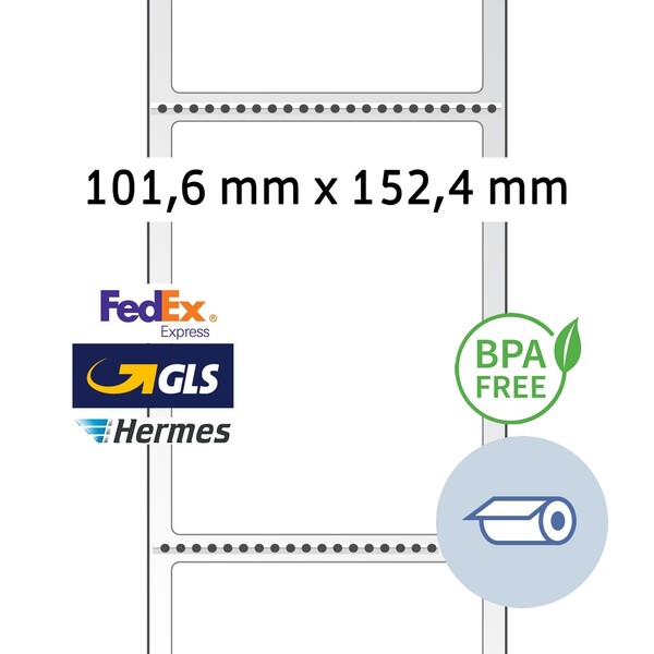 Thermodirekt Etikett weiß 101,6 x 152,4mm / permanent auf Rolle / FedEX, GLS,Hermes kompatibel (RLL=1000 STÜCK) Produktbild