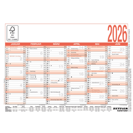 Arbeitstagekalender 2026 A6 14,8x10,5cm 6Monate/1Seite schwarz/rot Karton Zettler 900-0000 Produktbild