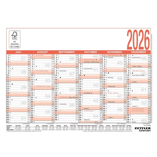 Arbeitstagekalender 2026 A4 29,7x21cm 6Monate/1Seite schwarz/rot Karton Zettler 907-0000 Produktbild Additional View 1 L