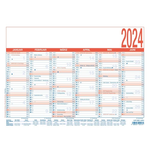 Arbeitstagekalender 2024 A4 29,7x21cm 6Monate/1Seite blau/rot Karton Zettler 910-0015 Produktbild Front View L